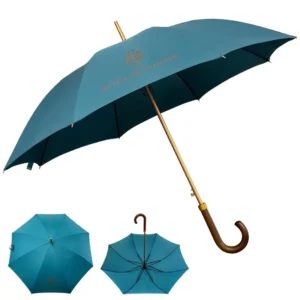 27 Inch Custom Logo Golf Umbrella Wood Curved Handle Fiberglass Frame Gold Shaft 190T Pongee 8 Ribs Contemporary