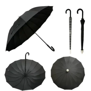 27 Inch Customized 16 Ribs Waterproof No Drip Straight Umbrella Pongee Fabric Fiberglass Frame Automatic Open Plastic