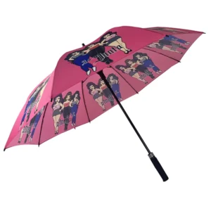 27 Inch Full Fiberglass Custom Designed Pink Golf Umbrella Non-Collapsible with Digital Printing for Promotion