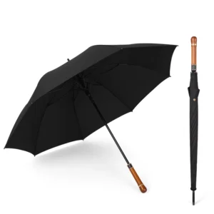 Windproof Wooden Handle Business Fiberglass Custom Logo Automatic Open Waterproof Golf Umbrella