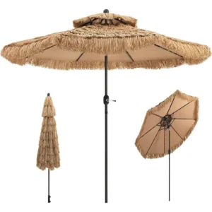 270 cm Rice Straw Balcony Beach Umbrella with Double Roof UV-Resistant Patio Tilt Function