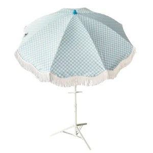 2M Diameter Blue Check Beach Umbrella with Tassels and Screw Anchor for Sand