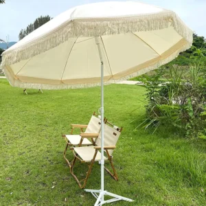2M Outdoor Garden Beach Sun Parasol White Vintage Fringe with Tassels