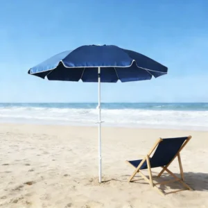 2M UV50+ Protection Steel Beach Umbrellas 180G Polyester 8 Fiberglass Ribs Hand Push Parasols Tilt Function Table & Glass Holder