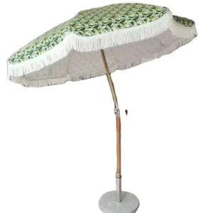 2m Aluminum and Wooden Beach Umbrella with Full Floral Print and Tassel Fringe for Outdoor Parks and Hotels