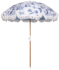 2m Bohemian Vintage Wooden Pole Garden Parasol, White, with Fringe and Recycled Tassels