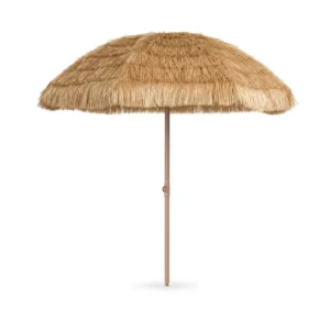 2m Hawaii Beach Parasol Tan Thatch Sun Umbrella with Fringed Edge Light Pole Outdoor Patio Garden Shade
