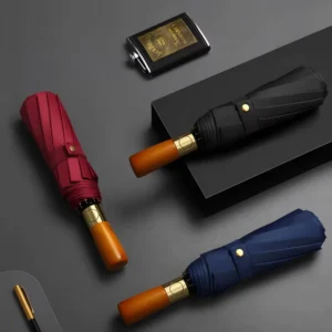 3-Fold Black Windproof Automatic Business Umbrella with Logo Printing and Wooden Handle