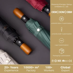 3-Fold Compact Travel Umbrella, Automatic Open/Close, Wooden Handle, Windproof, Polyester