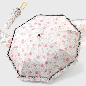3 Fold Manual Open Folding Umbrella with Loop Ring Handle Parasol Floral Lace Edge Anti UV Sunshade and Rain Umbrella