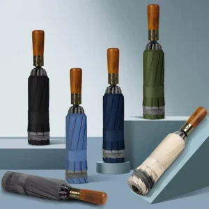 3-Fold Reverse Windproof Umbrella with Natural Solid Wood Handle for Travel and Daily Use