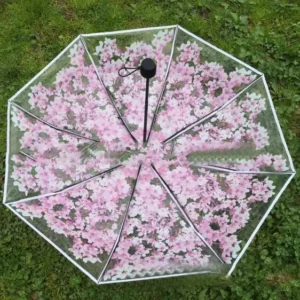 3-Fold Transparent Cherry Blossom Mushroom Umbrella, Pink Flower Pattern