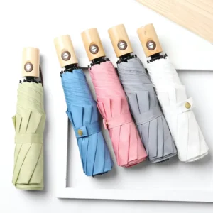 3-Fold Umbrella with Solid Wooden Handle, Automatic Windproof and Rainproof Compact Design