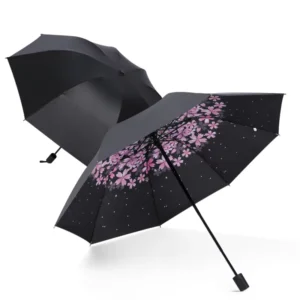 3-Folding Manual Umbrella with UV Protection, Flower Design, Windproof 190T Nylon Fabric