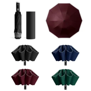 3-Folding Novelty Umbrella with Safety Reflective Strip, Fully Automatic, 10K Rainproof Windproof, Small Flashlight