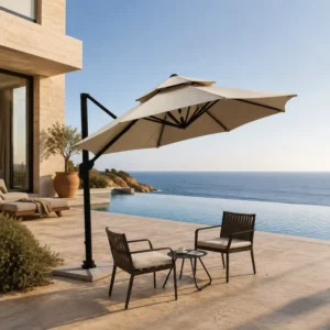 3 Meter Outdoor Cantilever Patio Umbrella Set with Aluminum Umbrella and 60kg Marble Base for Resort, Hotel, Poolside, and Projects