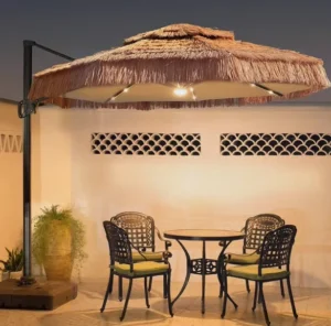 3.0M Large Size Led Light Garden Courtyard Thatched Parosol Straw Waterproof Cantilever Aluminum Umbrella