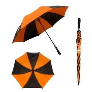 30-Inch 8K Full-Fiberglass Windproof Black and Orange Golf Umbrella with Custom Logo Printing