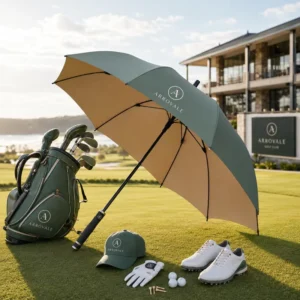 30 Inch Double Canopy Manual Windproof Golf Umbrella, 55mph, 14mm Fiberglass, Black Plastic Handle, with Logo