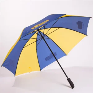 30 Inch Metal Frame Straight Umbrella Promotional Golf UV Resistant Plastic Handle Double Fluted Ribs Business Use Yellow Blue