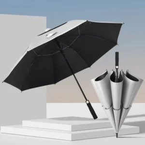 30-Inch Titanium Silver Golf Umbrella Long EVA Handle 8-Rib Straight Shaft Double Canopy Large Size Business Gift for Men and Women