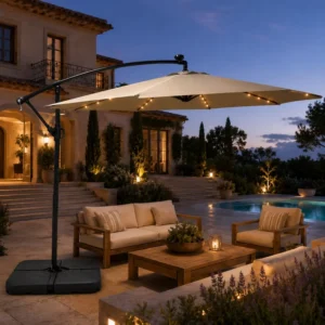 300 cm Cantilever Umbrella with LED Lights, Steel Frame, Waterproof Offset Design for Park, Patio, and Restaurant