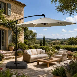 300cm LED Cantilever Banana Umbrella, Steel Frame Offset Hanging Parasol with Optional Cross Base for Outdoor Events