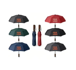 3016 Fully Automatic 3-Fold Travel Umbrella with Iron Tube and Wood Handle