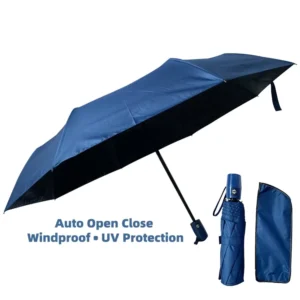 3046 Auto Open Close 3-Fold Travel Umbrella with Iron Tube and UV Protection