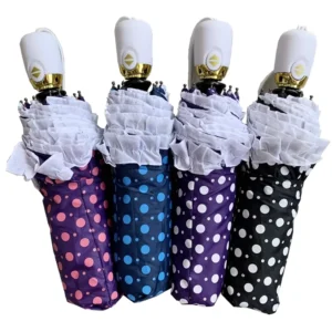 3070 Fully Automatic 8-Rib Iron Tube 3-Fold Windproof Folding Travel Umbrella with Plastic Frame, Polka Dots and Ruffle