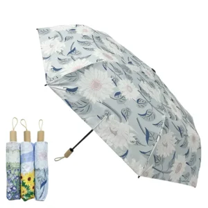 3088 3-Fold Pongee Umbrella with 8K Ribs, Manual Open, Waterproof, Wood Handle, Factory Supply