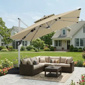 3×3m Large Rectangle Offset Cantilever Patio Umbrella Double-Top Waterproof Aluminum Pole