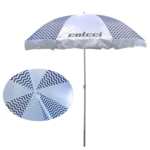 36-Inch Logo Printed White Oxford Minimalist All-in-One Adult Outdoor Beach Umbrella with Fringe