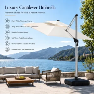 360 Rotating Cantilever Patio Umbrella FLD7061 Pearl White Aluminum PU Fabric for Hotel and Resort