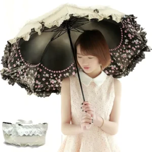 3D Flower Lace Trim Manual Luxury Three-folding Sun Umbrella Black Coating Anti UV Outdoor Portable Princess Parasol Strong Wind