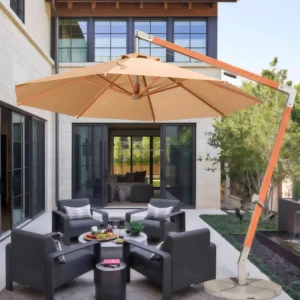 3M Round Patio Offset Umbrella with Easy Tilt Adjustment Crank and Cross Base Outdoor Cantilever Hanging Sunshade Tan