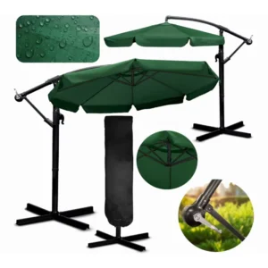 3m Outdoor Steel Market Patio Umbrella with Base, Windproof Sun Protection