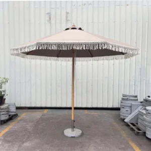 3m Radius Patio Umbrella with Fringe Tassels and Base for Outdoor Furniture
