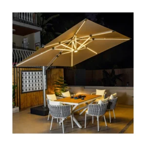 3m Silver Aluminum Cantilever Umbrella with 260g UV-Blocking Fabric 360° Rotation and 10000mAh Battery LED for Restaurants and Hotels