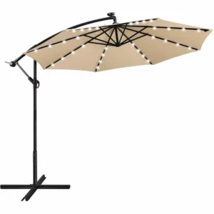 3x3M Cantilever Hanging Outdoor Sun Umbrellas with 32 LED Lights for Courtyard Garden Restaurant Cafe Hotel Umbrella