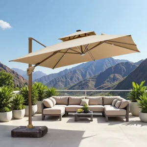3x3m Solar/Battery LED Patio Umbrella Offset Hanging Umbrella with Lights, 360° Tilt for Garden, Backyard, Outdoor