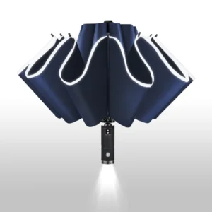 42inch Windproof Safety Reflective Travel Upside Down Folding Umbrella for Hotels Automatic Inverted Fold LED Umbrella with Logo