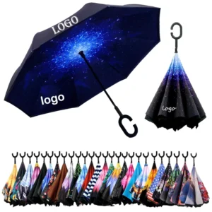 49/56 Inch Inverted Reverse Umbrella Large Double Canopy Vented Windproof Waterproof Stick Golf Umbrella with C-Shape Handle
