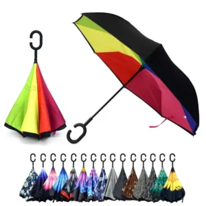 50+ UV Rainbow 23-Inch Double-Layer Inverted Folding Umbrella with C-Shaped Handle, Windproof