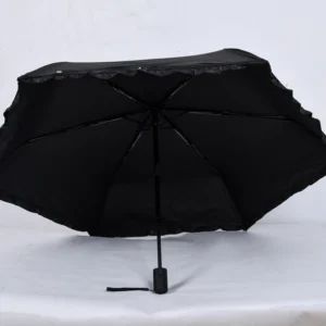 50CM Automatic Folding Umbrella with 6K Black Coated Fabric Lace Edge Dual Button PU Handle Aluminum Frame Fiberglass Ribs