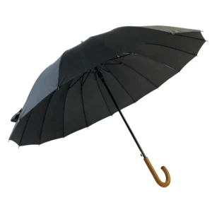 54 Inch 16 Ribs Black Auto Open Straight Umbrella With Wooden Handle