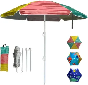 5ft Beach Umbrella 0.99-1.1m Diameter UV 50+ Portable Sun Shade With Sand Anchor and Carry Bag