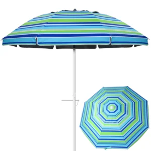 6.5 Feet Blue and Green Striped Beach Umbrella with Tilt, Anchor and Carry Bag for Patio, Garden and Beach