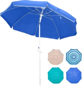 6.5 Ft 200 cm Large Beach Umbrella Portable Sunshade with Sand Anchor and Tilt Mechanism for Garden Pool Travel