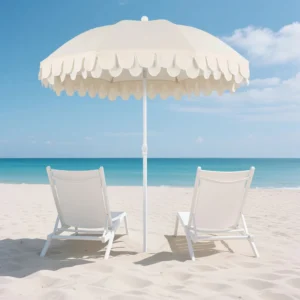 6.5 Ft Iron Classic Mid Century Double Scalloped Fringe Foldable Market Beach Park Garden Umbrella Outdoor Polyester